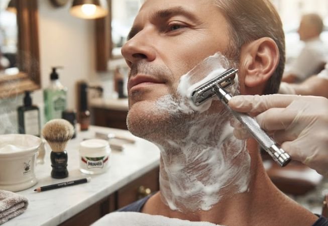 A man receiving a wet shave for his beard