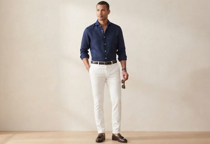 White Chinos for Men: A man styles a white chinos with navy blue shirt