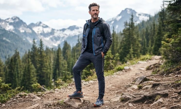 A man in the outfit of Windbreaker, Track Pants, And Trail Runners