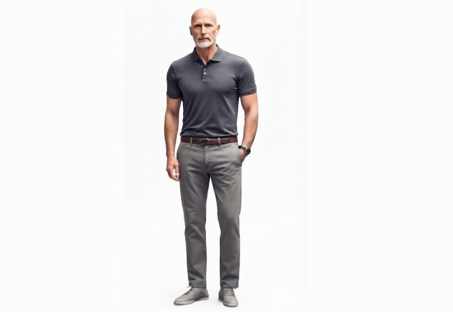 An older man pairing polo shirt with chinos