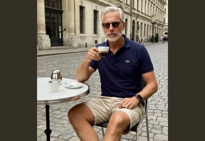 An older man styling a polo shirt