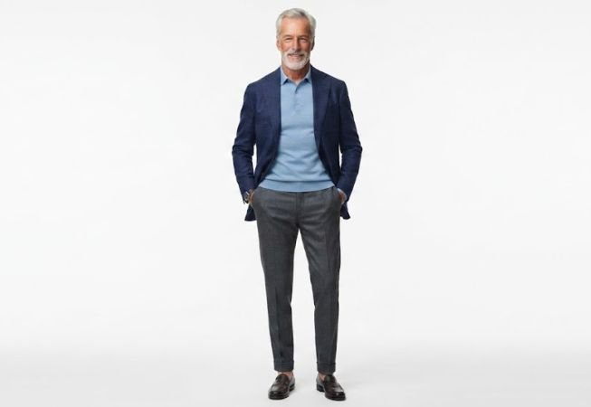 An older man styling polo shirt with blazers