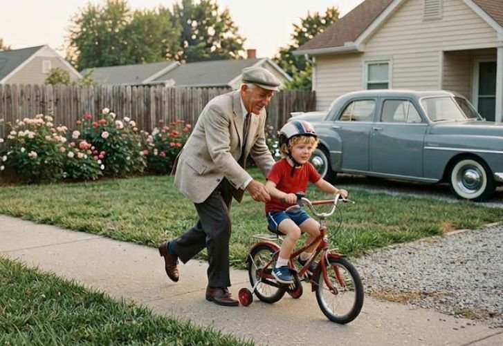 A grandfather and grandkid riding bicycle