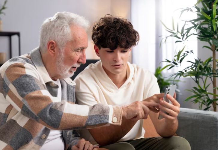 A grandfather having a conversation with his teenage grandchild