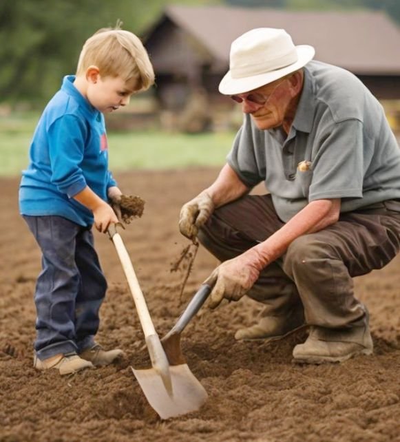 A grandfather gardening with his grand child