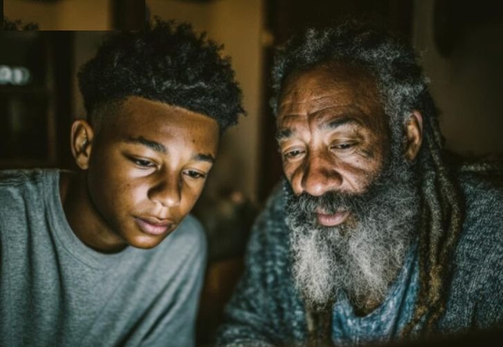 A grandfather on technology with his teenage grandson
