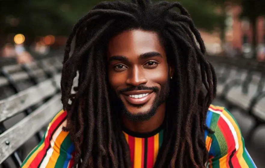A black man wearing a full dreadlocks hairstyle