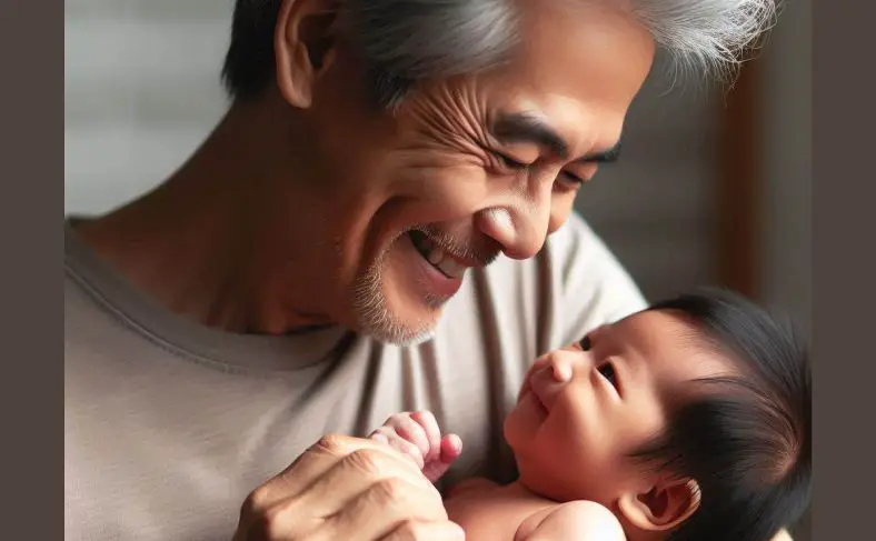 A n older man with his new born - depicting late fatherhood