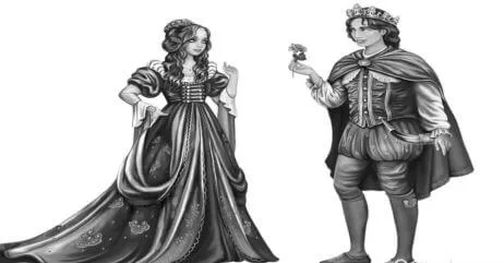 A medieval man showing a flower to his lady to show desire and devotion