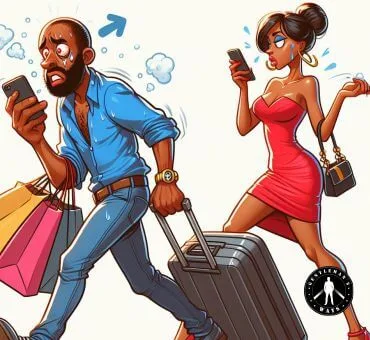 An emasculated man schlepping the luggage of a girlfriend unhappily